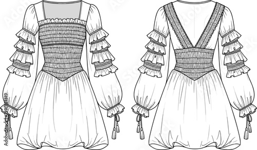 Women’s ruffled tier-sleeve dress sketch front and back views, smocked bodice, square neckline, deep V-back, tassel ties, technical fashion garment illustration
