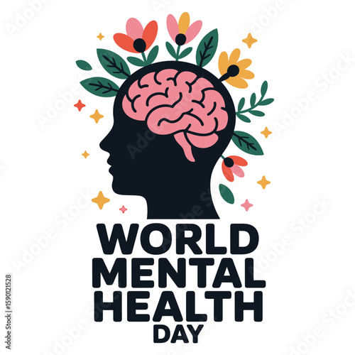 Celebrate World Mental Health Day with a stylized graphic featuring a brain silhouette adorned with colorful flowers, promoting awareness and well-being for a healthy mind.