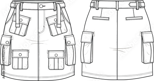 Women’s multi-pocket utility skirt sketch front and back views, flap pockets, belt with buckle, belt loops, stitched seams, technical fashion garment illustration