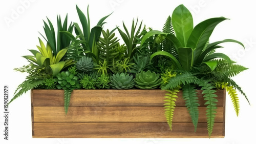 A rectangular wooden planter box with horizontal slats made of light brown wood, containing a lush arrangement of various green plants.