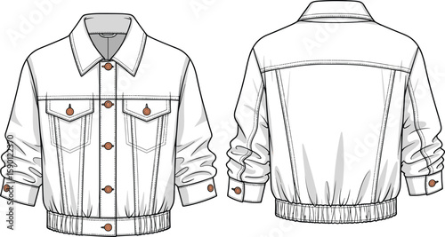 Men’s button-front jacket sketch front and back views, flap chest pockets, elastic waistband, buttoned cuffs, vertical seam details, technical garment illustration