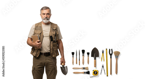 Man in vest with notebook and tools for archaeology on white background ready for excavation work on transparent background