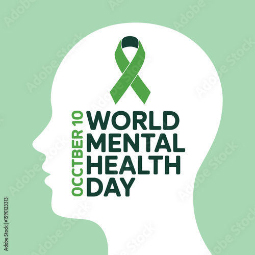 Promoting mental health awareness with a symbolic green ribbon and a stylized head silhouette, emphasizing the importance of World Mental Health Day and psychological well-being.
