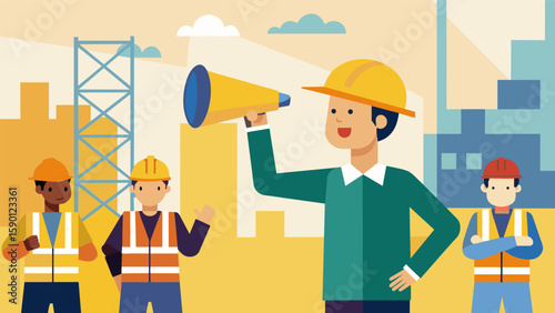 A supervisor holds up a megaphone shouting instructions to workers on the other side of a loud construction site.. Vector illustration