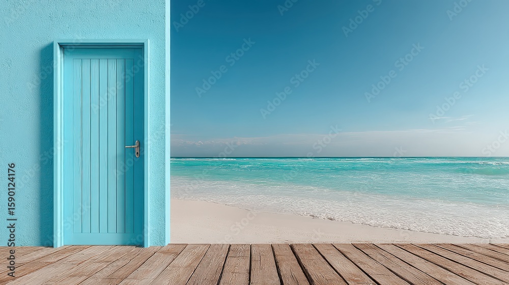 Fototapeta premium Summer Serenity Camera Captures a Pastel Blue Door by the Beach Inviting Tranquility and Adventure