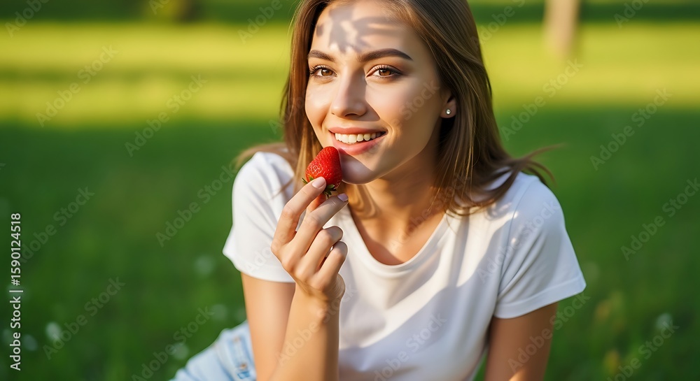 Fototapeta premium Woman Eating a Fresh Strawberry Outdoors