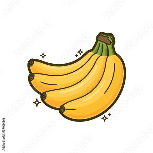 Bunch of ripe yellow bananas with green stems on a white background