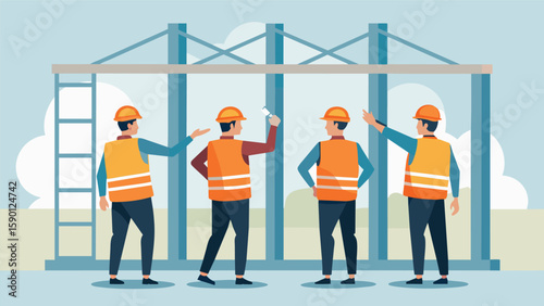 A group of men in hard hats and safety vests inspecting the frame of a new commercial building checking for proper placement and dimensions according. Vector illustration