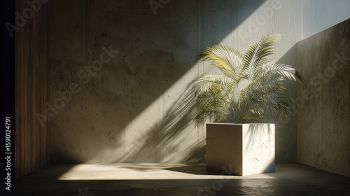 Light and plant interplay, minimal interior, sharp diagonal light, palm fronds, concrete cube