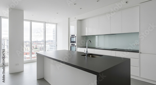 Wallpaper Mural Modern minimalist kitchen with white cabinets, black countertop island, large windows, and city view in a bright, open-plan apartment Torontodigital.ca