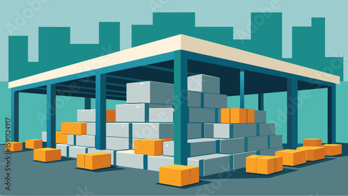 A warehouse filled with stacks of prefabricated concrete blocks designed for easy assembly and installation as part of a buildings foundation.. Vector illustration