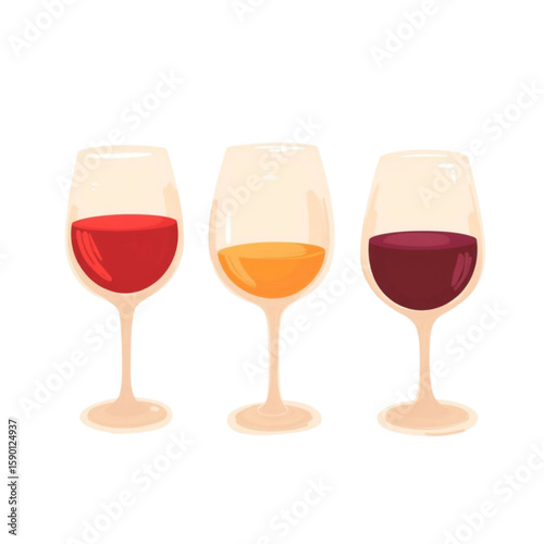 Three wine glasses with red, white, and rosé wine in minimal style  on a transparent background   