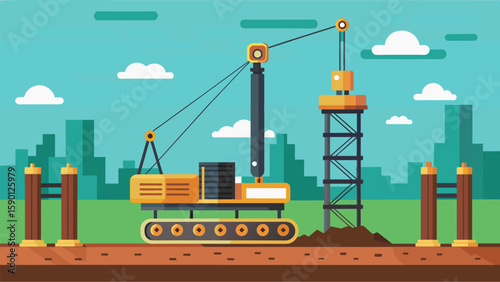 A specialized crane smoothly lowering piles into position for the pile driver to drive them into the ground.. Vector illustration