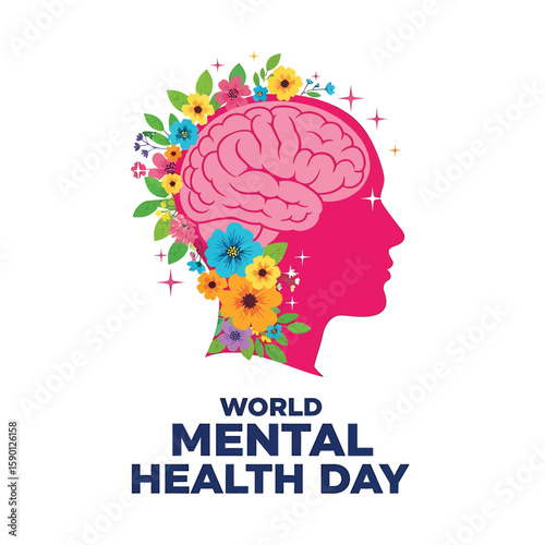 Celebrate World Mental Health Day with a vibrant design featuring a pink brain silhouette adorned with colorful flowers, symbolizing mental wellness and the importance of psychological health.