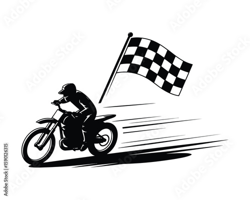racing bike rider checkered flag silhouette motion lines
