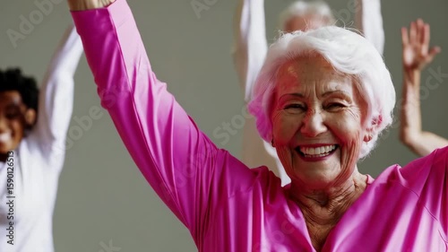 Joyful elderly woman dancing energetically in a group workout session