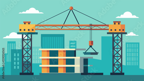 A large crane lifting and securing steel beams to create the skeleton of a new office building.. Vector illustration