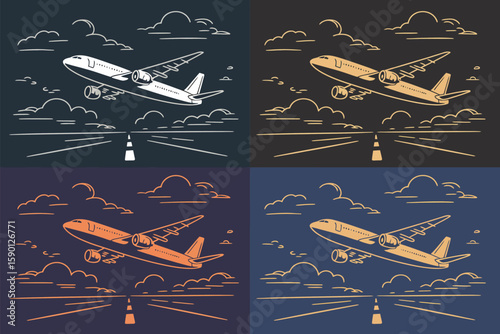 Airplane ascending against a blue sky with cloud drawings showcases vintage aviation, modern travel and the power of flight