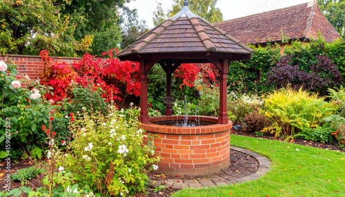 A charming well house surrounded by colorful autumnal gardens