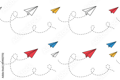 Paper airplanes fly high on a white background, colored in red, blue, yellow and black, with dotted lines of trajectory