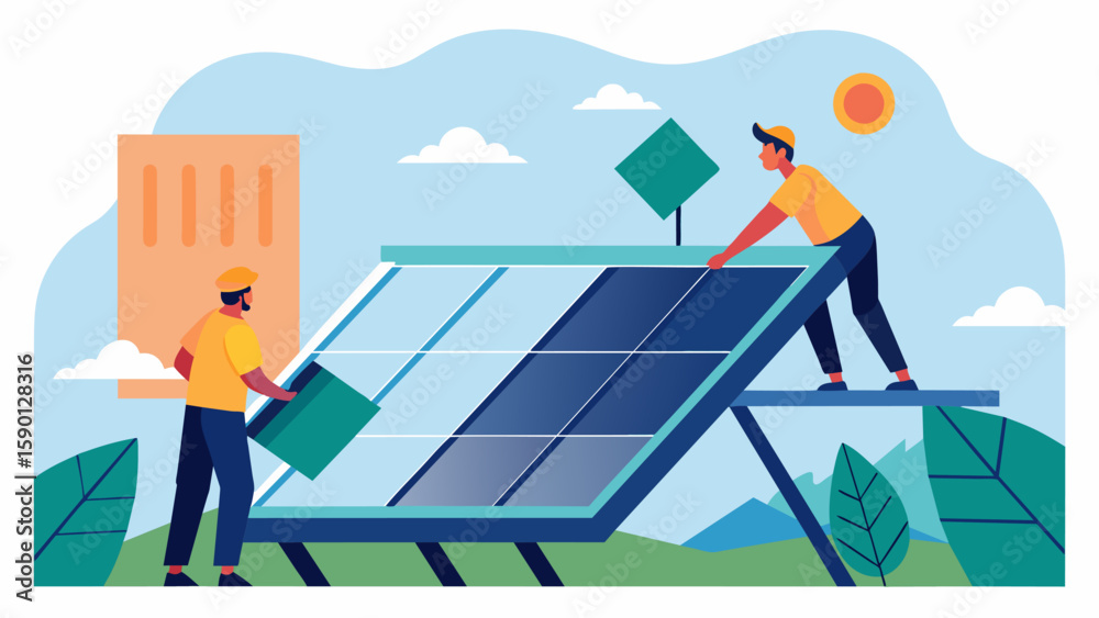 Obraz premium A team of workers carefully positioning large shiny solar panels onto the sleek rooftop of a sustainable building.. Vector illustration
