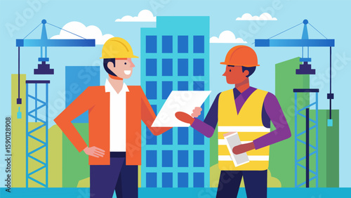 Against a backdrop of scaffolding and construction equipment two architects engage in a spirited conversation over a detailed set of blueprints.. Vector illustration