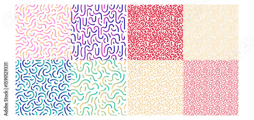 Twisted lines, fluid, curved, wiggling stripes, waves vector backgrounds set. Liquid, funky chaotic ornaments, groovy retro patterns collection. Doodle, uneven hand drawn wavy, organic winding line