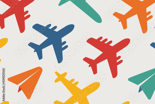 Airplane motif features vibrant and colorful designs for transport, travel, and aviation themes presented in seamless pattern.