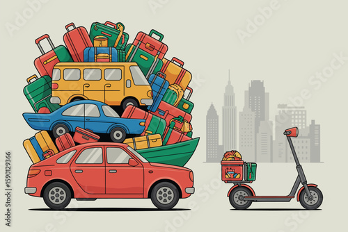 Vehicles overloaded with luggage create a travel scene against a city backdrop, depicting vacation and moving themes.