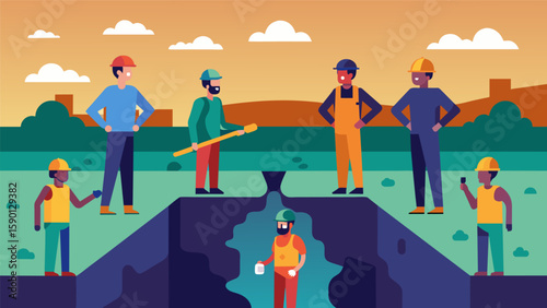A group of workers standing in the completed trench proudly admiring their hard work and newly installed underground infrastructure.. Vector illustration