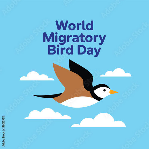 Celebrate World Migratory Bird Day with this charming illustration of a bird in flight, surrounded by fluffy clouds, perfect for raising awareness about avian conservation.