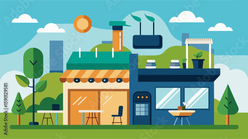 A restaurant built with energyefficient appliances and equipment reducing operational costs and minimizing environmental impact.. Vector illustration