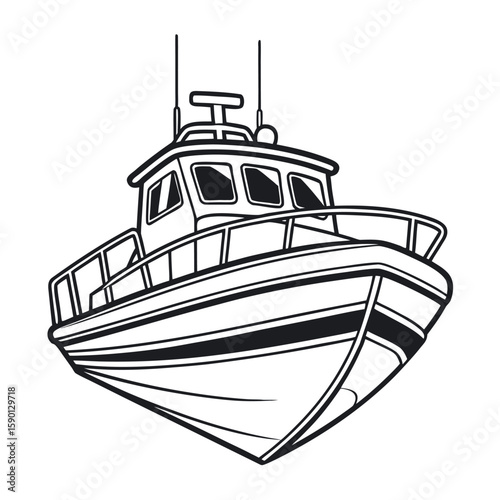 Black and white line art of a motor yacht boat motorboat