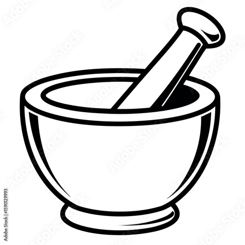 Black and white mortar and pestle illustration kitchenware