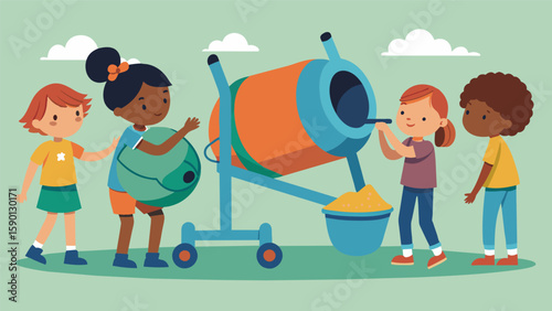 A group of children mesmerized by the slow and steady movements of a cement mixer.. Vector illustration