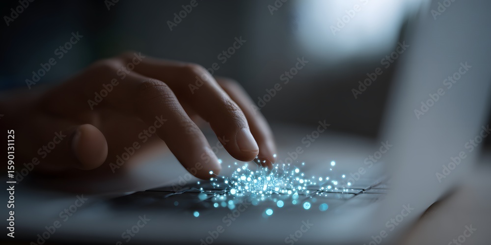 A close up of a hand touching glowing particles on a laptop keyboard in a dark environment scene A close up of a hand touching glowing particles on a laptop keyboard in a dark environment scene