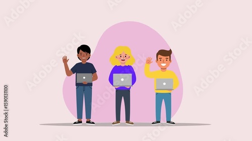 An engaging 2D illustration featuring a multicultural team of tech workers with laptops. The soft pink and warm color palette emphasizes a welcoming, inclusive, and creative work culture for modern di
