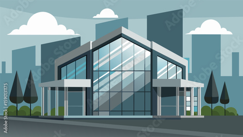 A newly completed building with shiny glass windows and a sleek metal exterior standing out ast the still unfinished structures around it.. Vector illustration