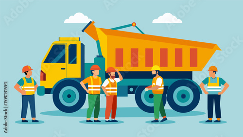 A team of workers gather around a large dump truck carefully examining the engine and hydraulic systems before they begin loading it with materials.. Vector illustration