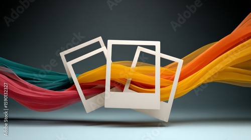 Colorful stream of paper with three white frames in the middle