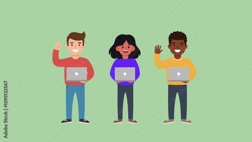 Animated cartoon programmers waving and holding laptops, isolated on green screen background for chroma key use. Ideal for tech explainer videos, YouTube intros, and digital presentations.