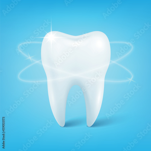 Vector 3d Realistic Tooth on Blue Background. Healthy White Tooth with Glowing Light Effect for Dental Clinic. Banner with Tooth for Dentistry, Tooth Care Concept, Oral Hygiene, Dentist Clinic Design