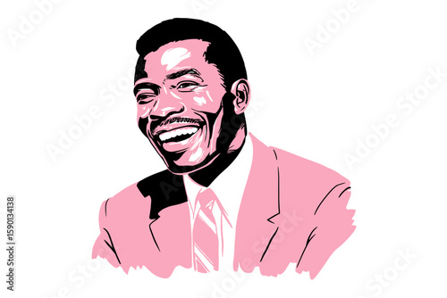 Smiling African American man in pink suit with joyful expression  