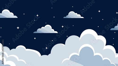 Looping 2D animation of fluffy white clouds slowly drifting across a night sky filled with stars. Perfect as a dreamy or magical background for flying characters, holiday animations, or bedtime storie