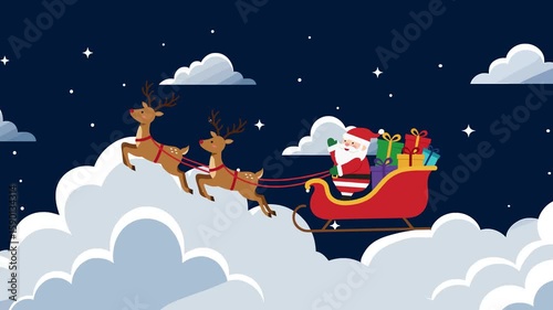 Charming 2D animation of Santa Claus in a red sleigh with presents, flying over fluffy clouds with two reindeer. Nighttime scene with stars and clouds — ideal for Christmas intros, festive social cont