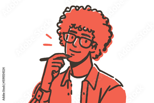 Young African American man smiling and thinking while holding a pencil - Concept of Hand drawn flat vector illustration of an African American man  