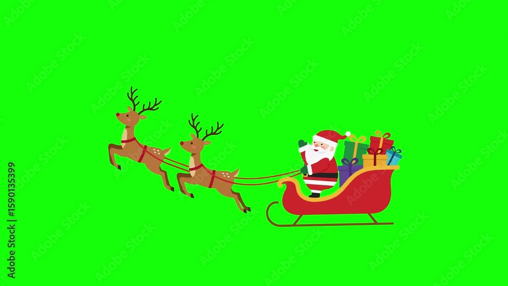 Looping 2D animation of Santa Claus flying in a red sleigh full of gifts, pulled by three reindeer, isolated on a green screen background (chroma key). Perfect for holiday video overlays, festive intr