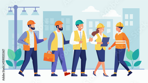 A group of supervisors and managers walking around the site closely inspecting the work and discussing any necessary changes or adjustments.. Vector illustration