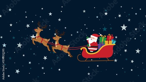 Festive 2D animation of Santa Claus riding his sleigh filled with colorful gifts, pulled by two reindeer through a starry night sky. Perfect for Christmas-themed videos, holiday intros, or greeting an