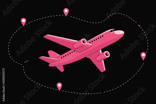 Pink airplane in flight with destination route markers against a black background suggesting travel and vacation planning.